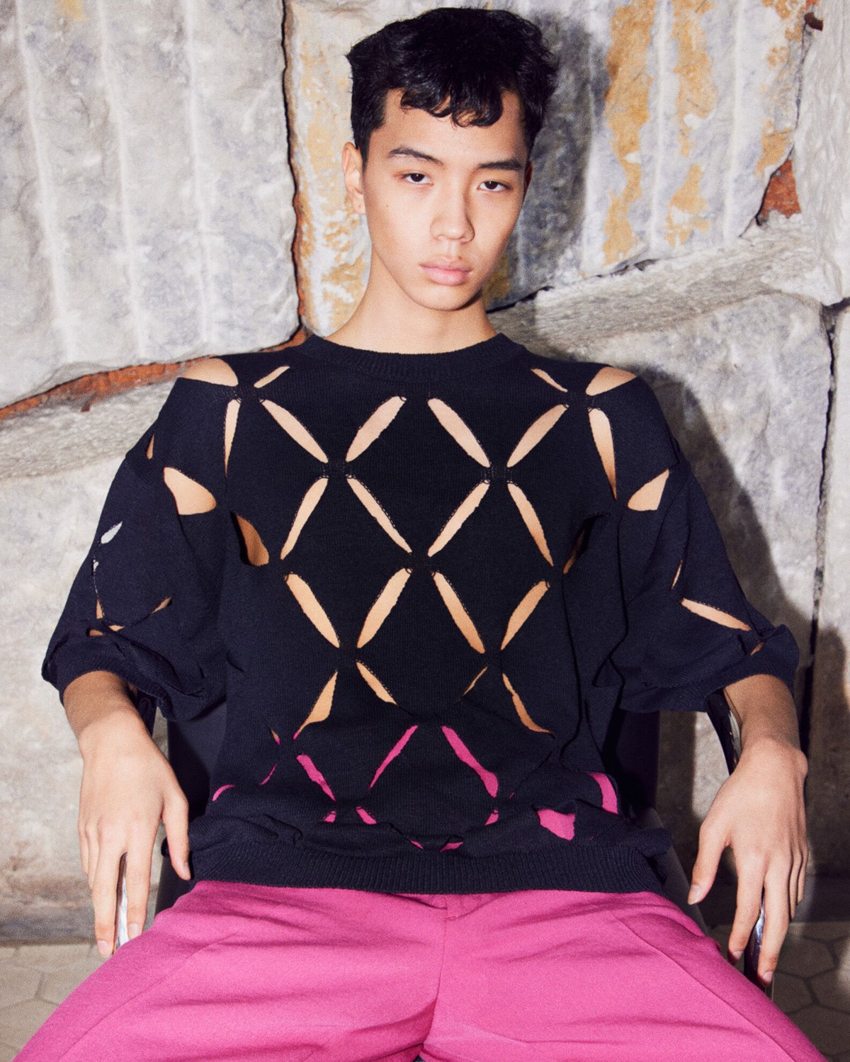 pattern slit knit T-shirt | NKNIT