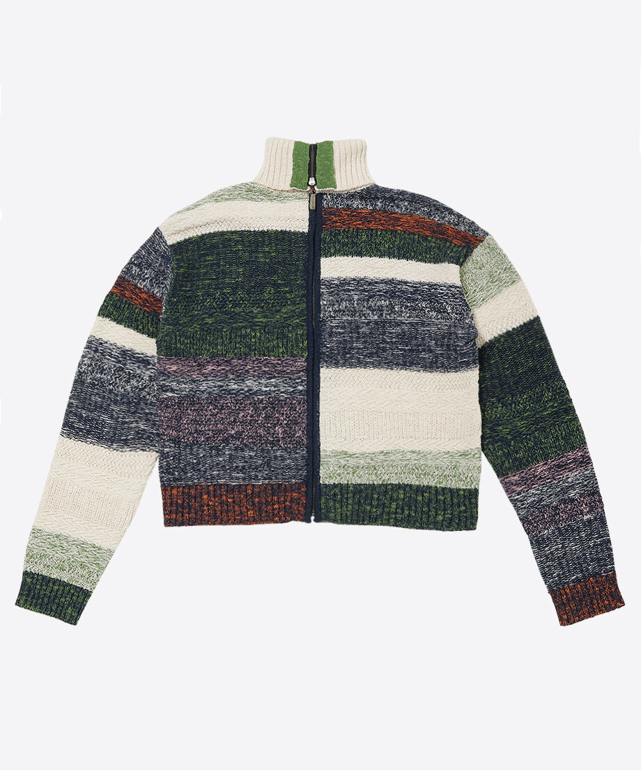 mix color high neck zip knit