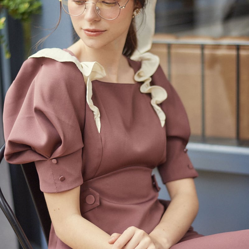 在庫販売】 BACK SHAN FRILL ONEPIECE (WINE RED) |