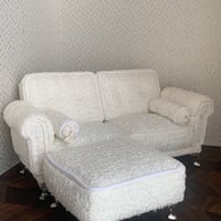 【訳ありSALE】29㎝ドール用　ダブルソファ＆オットマン&筒形クッション2個　ホワイト　ファンシーツイード