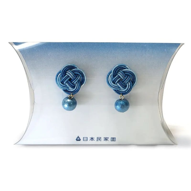 藍染めコットンパール×菜の花結び ピアス・イヤリング | 民家園