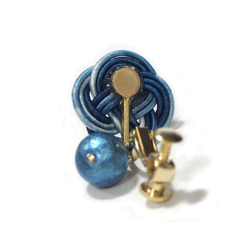 藍染めコットンパール×菜の花結び（パール濃） ピアス・イヤリング