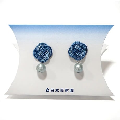 藍染めコットンパール×菜の花結び　ピアス・イヤリング