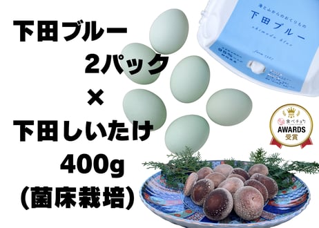 幸せの青い卵「下田ブルー」2パック、「下田しいたけ」400ｇセット
