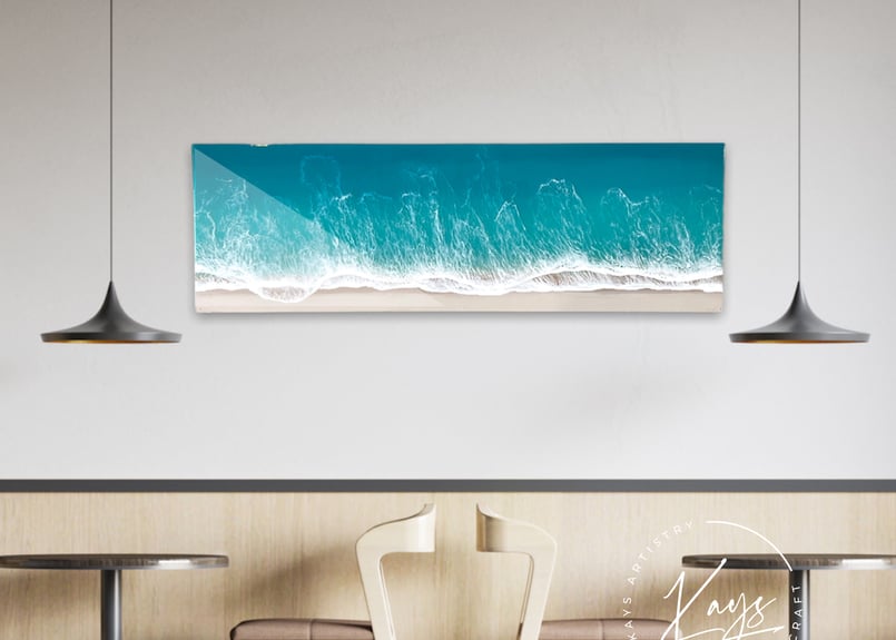 レジンアート【波のキャンパス】☆現品 エメラルドグリーンの海 ワイド