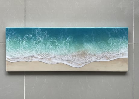 ★現品　レジンアート【波のキャンバス】　エメラルドグリーンオーシャン　ワイドパネル　W66.5cm H24.4cm