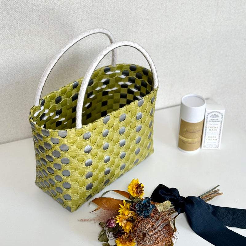 ふみ　プラカゴ　3点 ☆手提げ型プラカゴ☆ 水玉（シトロングリーン／シルバー