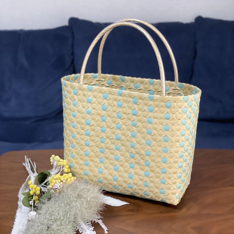☆バカンスバッグ☆ 水玉プラカゴ（ベージュ／ペパーミントグリーン
