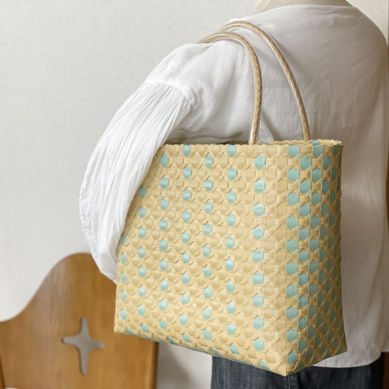 ☆バカンスバッグ☆ 水玉プラカゴ（ベージュ／ペパーミントグリーン