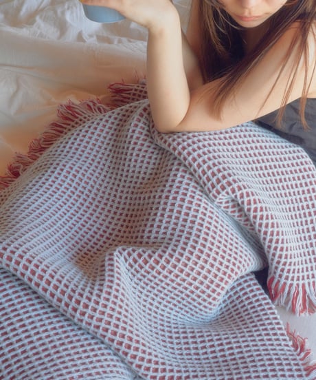 【houfu】Waffle Throw - Mist Blue / Burnt Red / White -