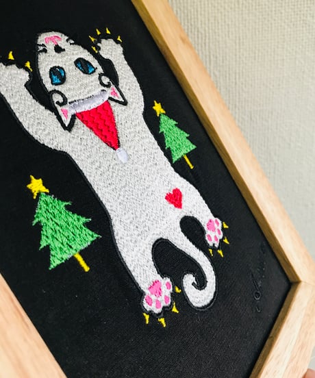 猫ちゃん刺繍画(2Lサイズ）X'mas No.3 (白ブルーアイ）