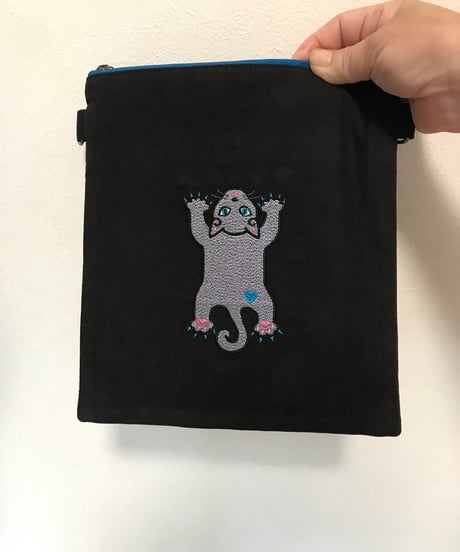 刺繍サコッシュ (CAT- No.1１)グレー猫