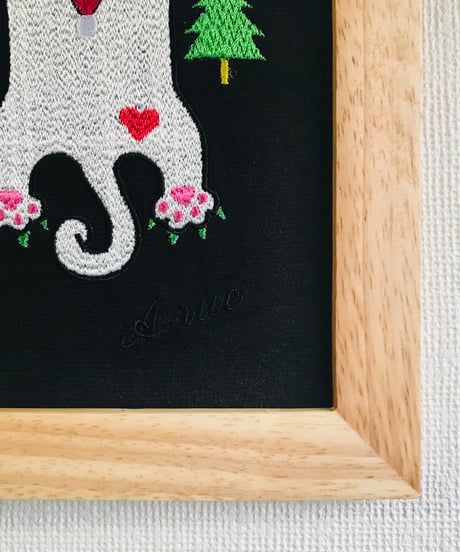 猫ちゃん刺繍画(2Lサイズ）X'mas No.2(白 オットアイ)