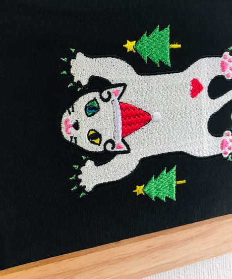 猫ちゃん刺繍画(2Lサイズ）X'mas No.2(白 オットアイ)
