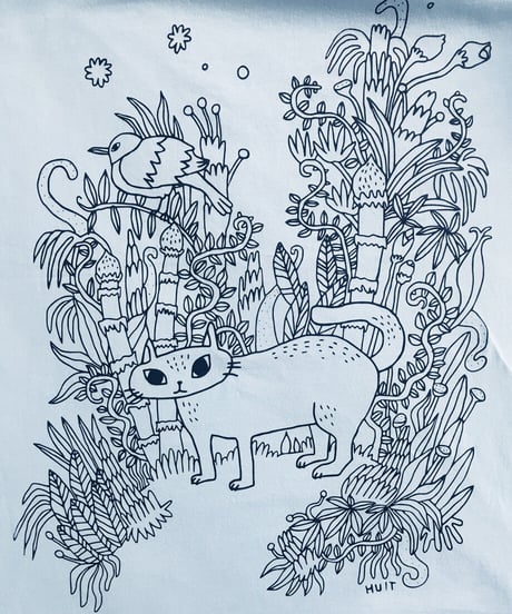 森の猫 Tシャツ (ブルー）