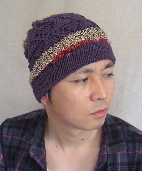 ライン手編み帽子