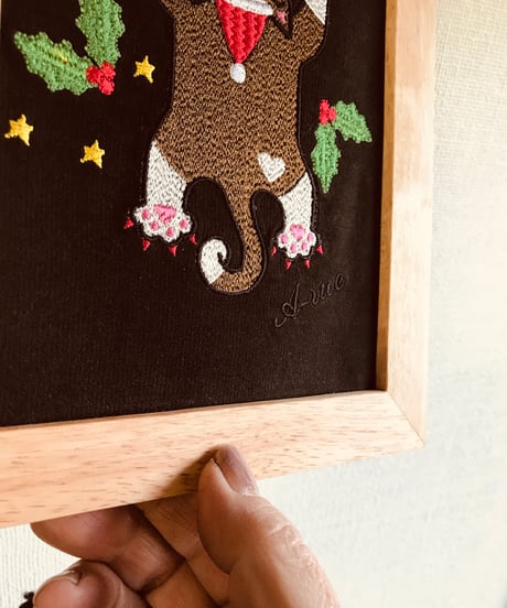猫ちゃん刺繍画(2Lサイズ）X'mas　No.1(茶ハチワレ）