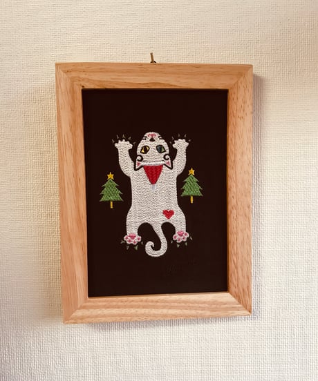猫ちゃん刺繍画(2Lサイズ）X'mas No.2(白 オットアイ)