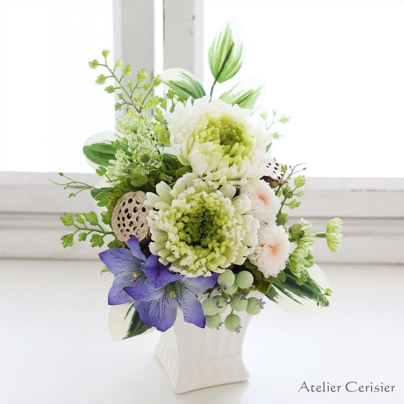 輪菊の仏花 （プレアー Sサイズ）ホワイトグリーン プリザーブド