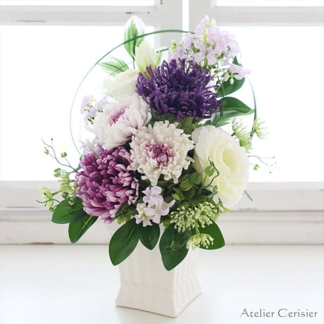 輪菊の仏花（エテルネル 白紫）Mサイズ プリザーブドフラワー