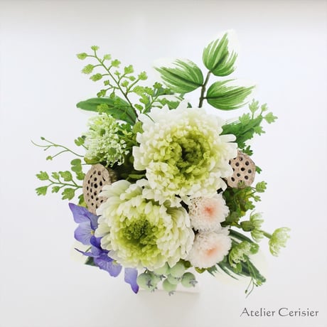 輪菊の仏花 （プレアー Ｓサイズ）ホワイトグリーン  プリザーブドフラワー