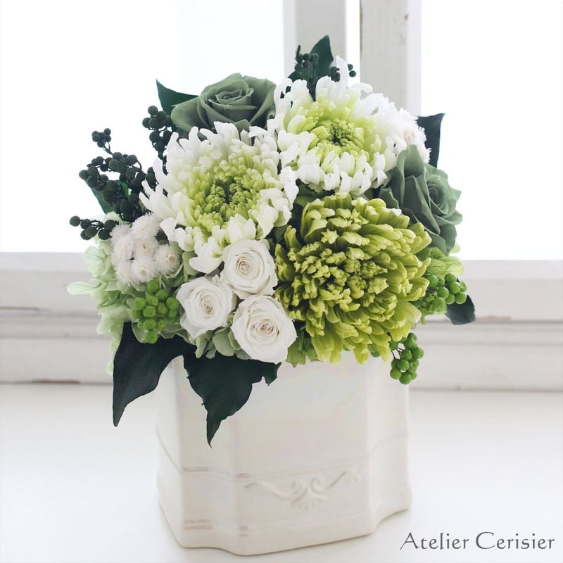 プリザーブドフラワー仏花＜エクラン Lサイズ＞グリーン 【 お供え花