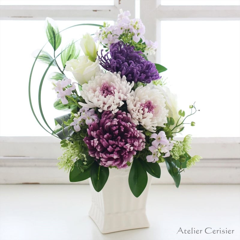 輪菊の仏花（エテルネル 白紫）Mサイズ プリザーブドフラワー