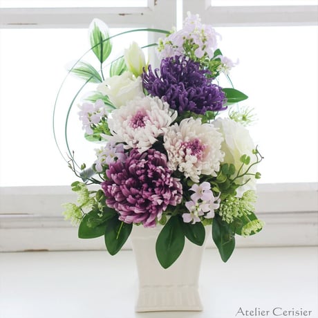 輪菊の仏花（エテルネル 白紫）Mサイズ プリザーブドフラワー