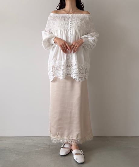 lace shirring off shoulder blouse