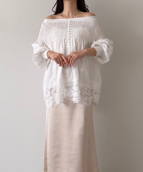 lace shirring off shoulder blouse