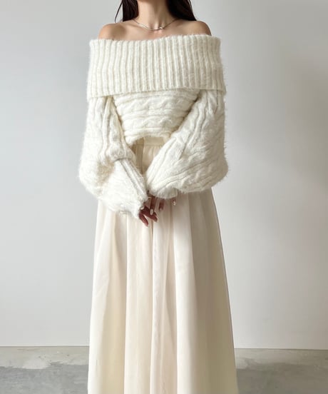 feather off shoulder cable knit