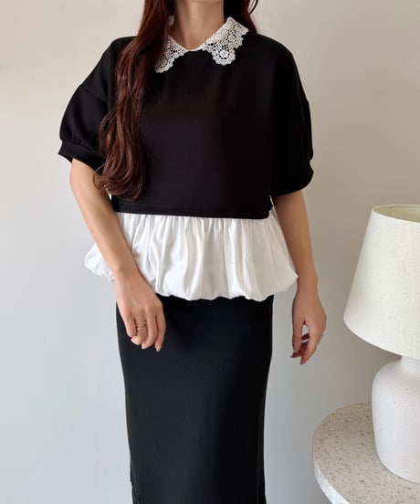 lace collar peplum balloon short tops