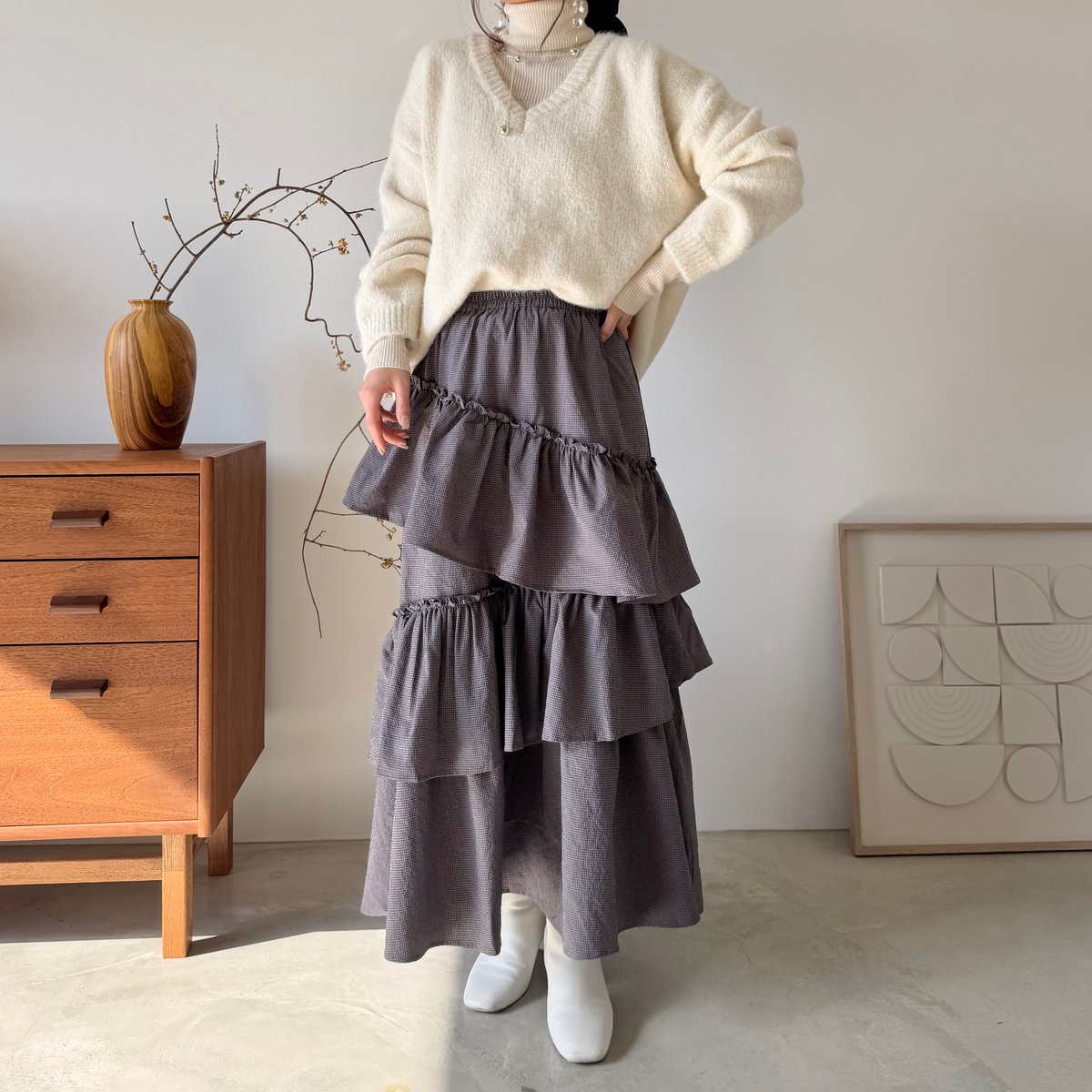 aermaboutiqueスカート check tiered volume skirt | AÉRMA boutique
