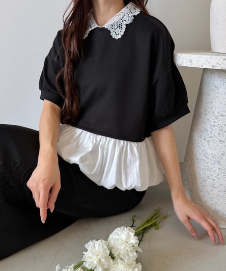 lace collar peplum balloon short tops