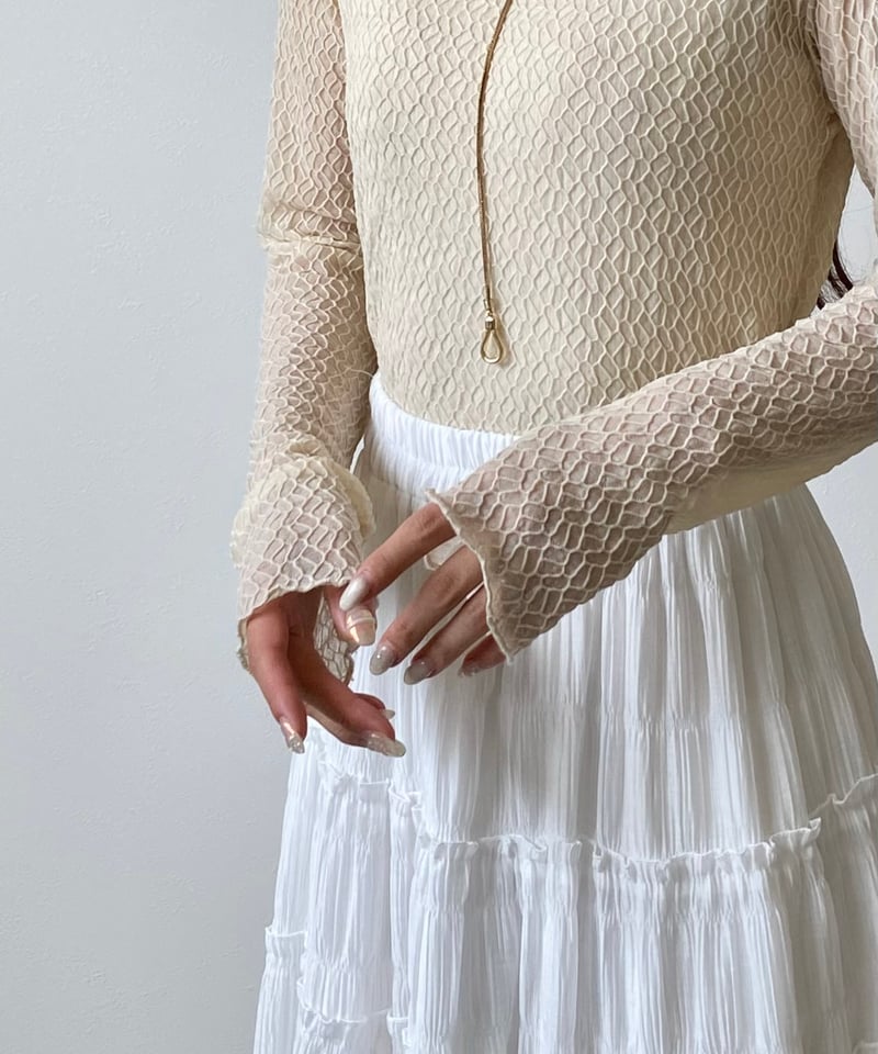 【新品未使用】airy fringe sheer tops(white) forksy.】プリーツシアーシャーリングスリーブトップス（Tシャツ