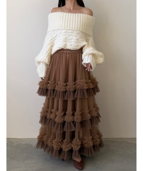 feather off shoulder cable knit