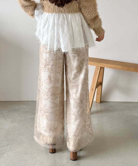flower lace sheer wide pants