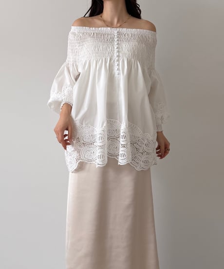 lace shirring off shoulder blouse