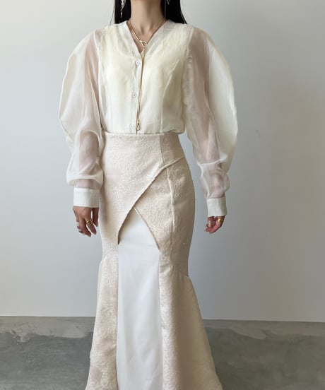 Vneck lantern sleeve sheer blouse