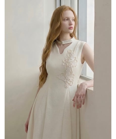 lace motif choker flare onepiece