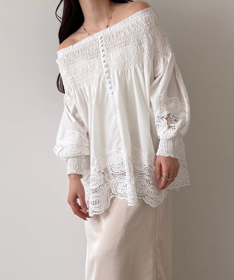 lace shirring off shoulder blouse