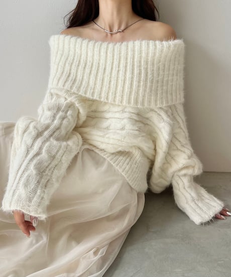 feather off shoulder cable knit
