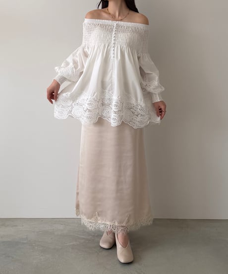 lace shirring off shoulder blouse