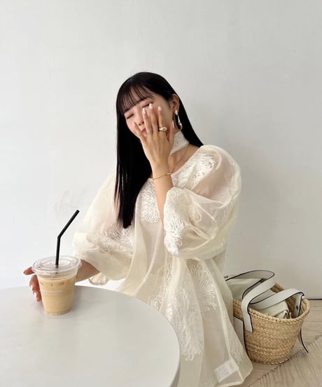 sheer flower embroidery blouse