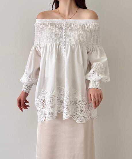 lace shirring off shoulder blouse
