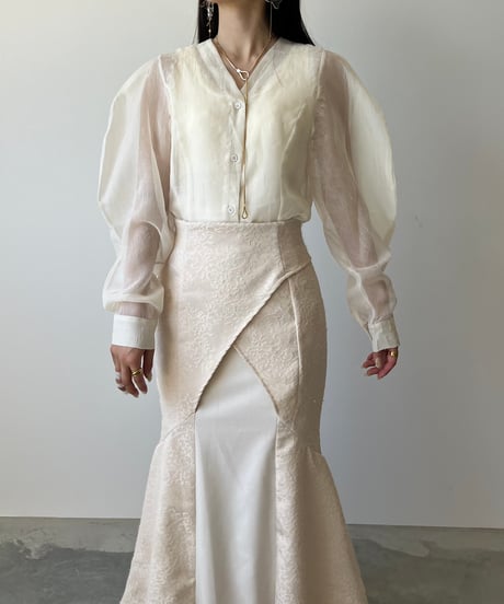 Vneck lantern sleeve sheer blouse