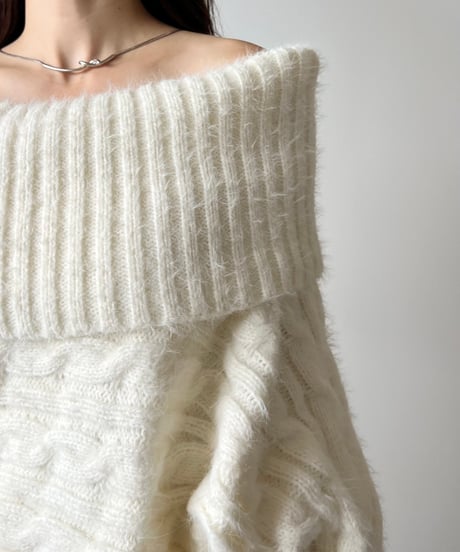 feather off shoulder cable knit