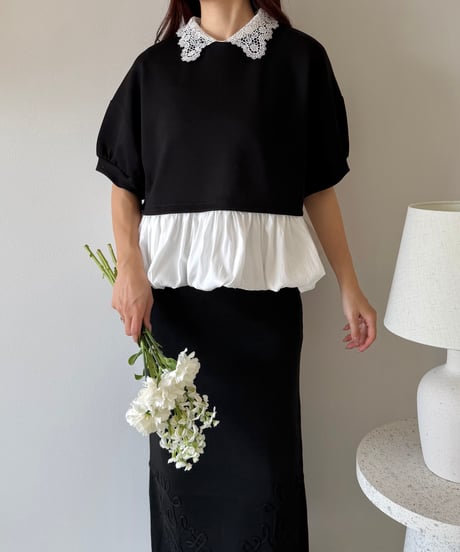 lace collar peplum balloon short tops