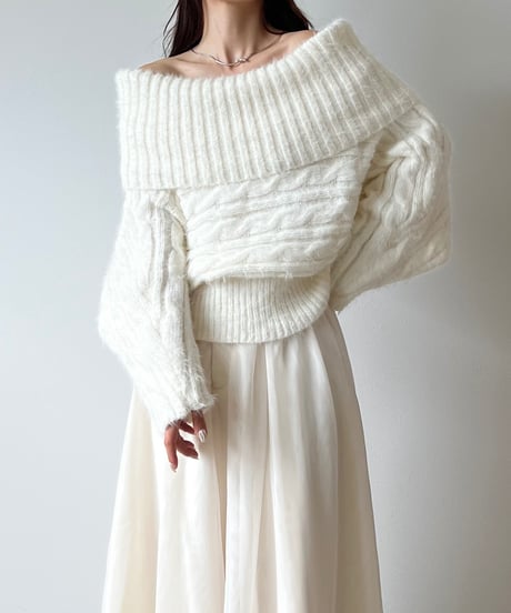 feather off shoulder cable knit