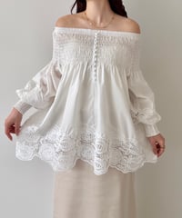 lace shirring off shoulder blouse